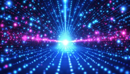 Fototapeta premium Neon Blue and Pink Grid with Light Trails, Forming a Futuristic Tunnel, Digital Art Background.