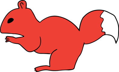 sitting red squirrel with a fluffy tail with white fur at the end