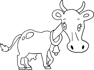 Surprised cow with a bell on her neck looks at the camera