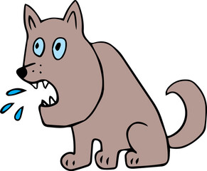 sitting barking dog with drooling mouth and sharp teeth with rounded tail looking to the side