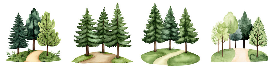 Fototapeta premium National love a tree day element, Woodland path with tall trees and greenery in watercolor style, isolated on transparent background.