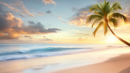 Fototapeta premium An idyllic beach at dawn, with gentle waves meeting the shore and a stunning sky filled with soft clouds, evoking a sense of peace and beauty