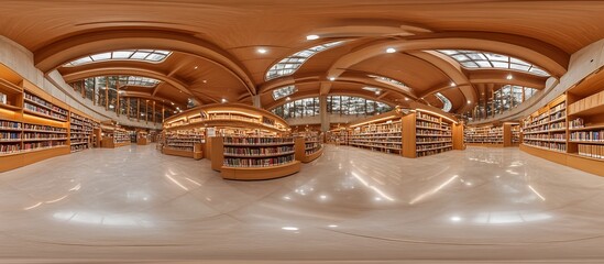Library interior 360 VR view, bookshelves, natural light, modern architecture, virtual tour