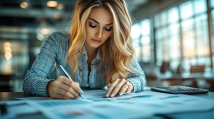 Blonde Woman Reviewing Financial Documents at Work