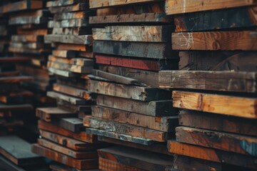 Naklejka premium Reclaimed wood planks stacked, showcasing diverse colors, textures, and signs of previous use, creating an interesting backdrop