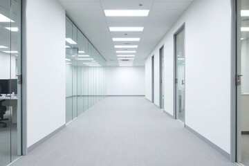 modern office corridor with glass partitions gray carpet