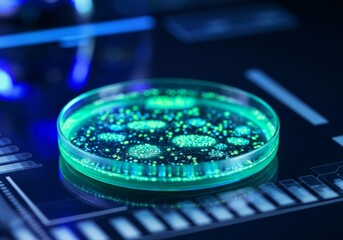 Fluorescent bacteria in petri dish under UV light on digital interface