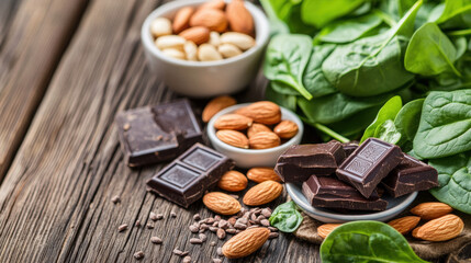 Mix of dark chocolate, almonds, and fresh spinach leaves on wooden table with white bowls of nuts