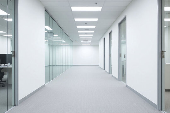 modern office corridor with glass partitions gray carpet
