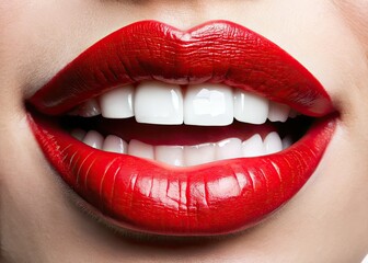 Fototapeta premium Close-up of flawless, elegant smile; red lips against a white backdrop. Minimalist beauty, perfect teeth.
