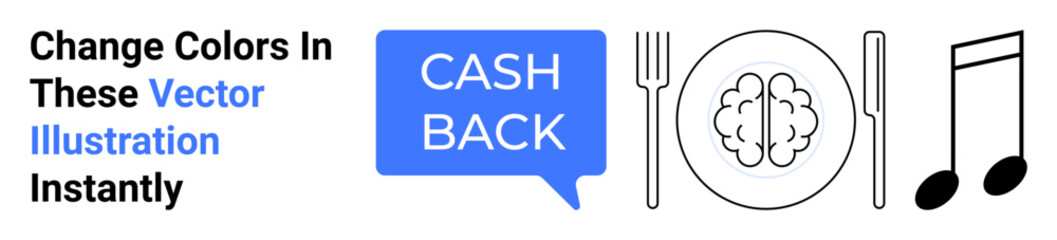 Obraz premium Cashback speech bubble, brain on a plate, fork, knife, and music note icon reflecting financial incentives, brainstorming, food choices, and creative themes. Ideal for finance innovation dining