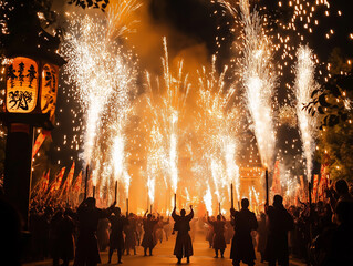 Under a starlit sky, revelers gather to celebrate a spectacular festival filled with dazzling fireworks, traditional processions, and a jubilant atmosphere, creating unforgettable memories. 