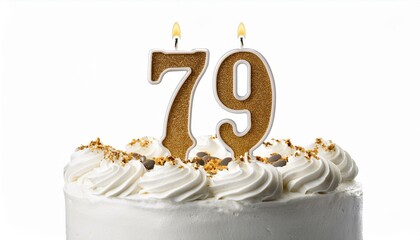 Decorated white cake for birthday or anniversary party, candle number 79, white background