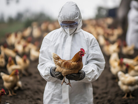 In an agricultural setting, individuals clad in protective suits diligently manage the situation as they carefully handle chickens. Generative AI