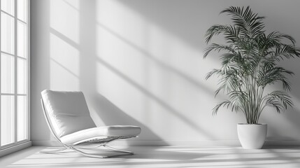 Modern Minimalist Interior Featuring a Stylish White Chair Complemented by a Lush Green Plant in a Bright Room Creating a Calm and Inviting Atmosphere for Relaxation and Reflection