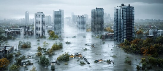 Obraz premium Urban Flood Disaster Aerial View of City Submerged in Storm