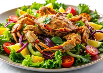 Crisp soft shell crab, vibrant salad, delightful seafood. Copy space available.