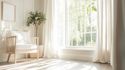 Sunlit room with armchair, plant, and large window.