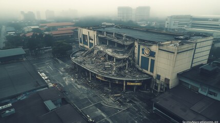 Fototapeta premium Foggy city aerial view of demolished building