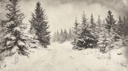Snowy forest path, winter wonderland, snowfall background, nature scene, holiday card