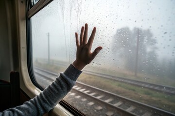 Hand touch rainy train window. Sad goodbye and farewell
