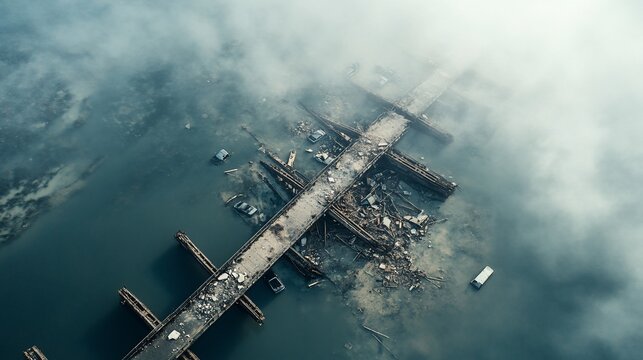 Aerial view destroyed coastal bridge, debris, fog, disaster aftermath