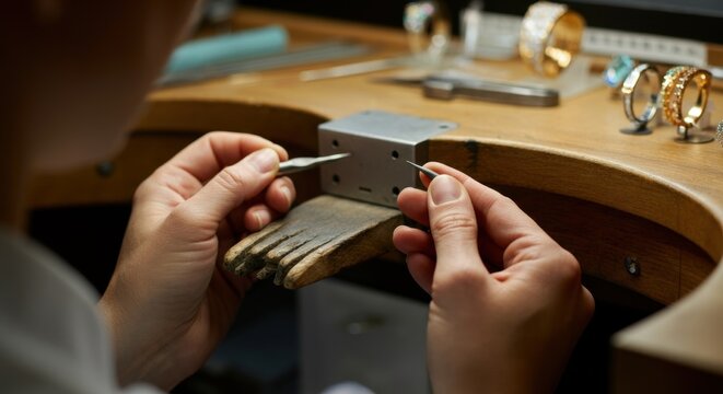 Jeweler crafting jewelry in workshop with precision tools and rings displayed