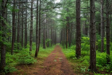 Fototapeta premium Foggy pine forest with a hiking trail leading into the distance