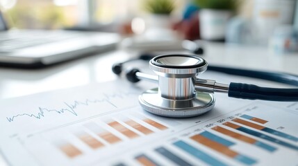Healthcare Finance: Stethoscope on Medical Charts and Graphs