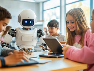 A group of young students enthusiastically interacts with a friendly robot in a bright classroom. Generative AI