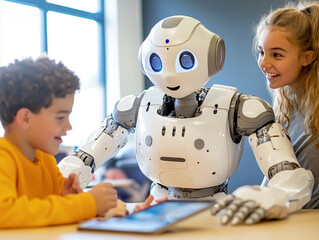 Students are captivated by their interaction with a friendly robot in a modern classroom. The vibrant environment fosters curiosity and collaboration as they explore new technology together. 