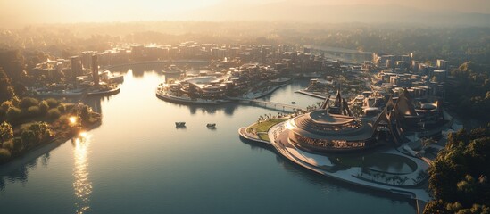 Fototapeta premium Sunrise aerial view of waterfront city with modern architecture & boats