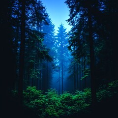 Obraz premium Dark Blue Forest at Night with Fog
