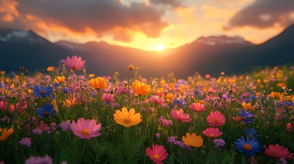 Obraz premium Sunset wildflowers meadow alpine mountains scenic postcard
