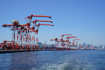 Cargo containers and gantry cranes in port