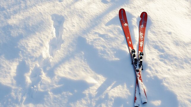 Red skis resting in snowy mountainside sunlight; winter sport advertisement