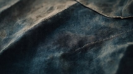 Naklejka premium Close-up on distressed blue denim fabric with visible stitching details and faded textures