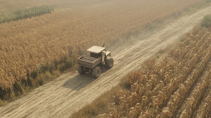 Naklejka premium Aerial view of a truck driving on a dirt road through a field of crops.
