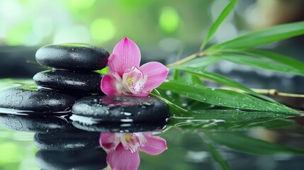 Fototapeta premium Black spa stones and a pink orchid flower reflected in water with green bamboo leaves, symbolizing relaxation and harmony.