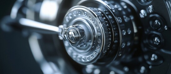 Close-up metallic mechanism detail; intricate gears, dark background, industrial design; technical background