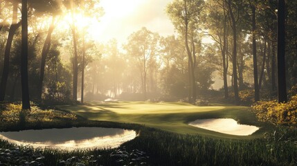 Obraz premium Serene Golf Course Landscape Surrounded by Lush Green Forest