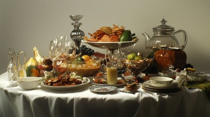 Studio still life opulent seafood feast on table, rich background