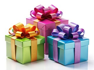 Obraz premium Elegant gift boxes, adorned with ribbons and bows, isolated on a pristine white background.