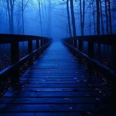 Fototapeta premium Dark Blue Night Forest Bridge Pathway in Fog