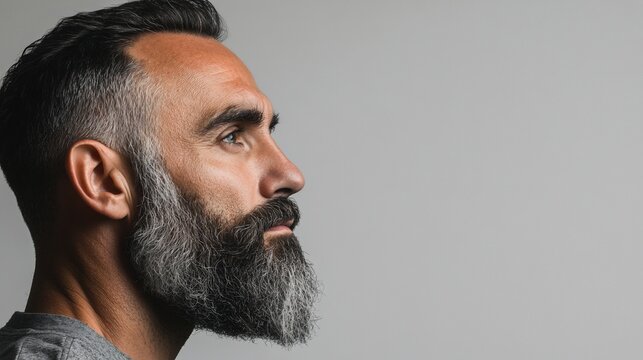 Studio portrait, mature man, grey beard, profile, pensive, grey background, advertising