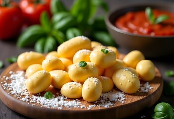 Fresh Homemade Gnocchi Ready to Cook on Wooden Tray