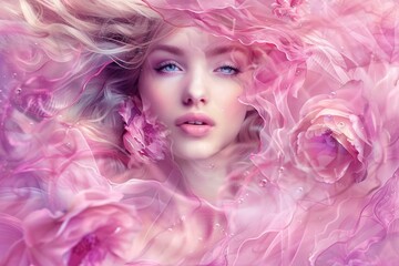 Fantasy portrait of a beautiful woman surrounded by pink roses and veil, floating in water