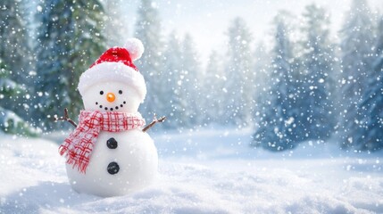 Fototapeta premium snowman with a red hat and scarf in a snowy forest, symbolizing winter joy and festive spirit.
