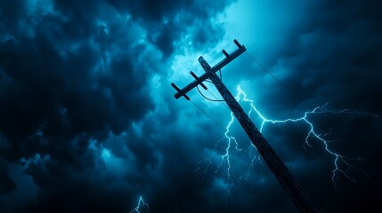 Dark Blue Night Sky Dramatic Lightning Storm Power Line