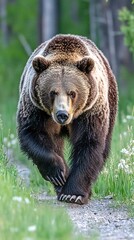 Obraz premium HD Phone Wallpaper Majestic Grizzly Bear Walking on Forest Path Closeup View of Powerful Paws and Fur